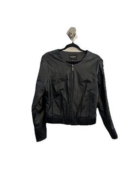 Guess Faux Leather Black Jacket Braided Sleeves Size Medium